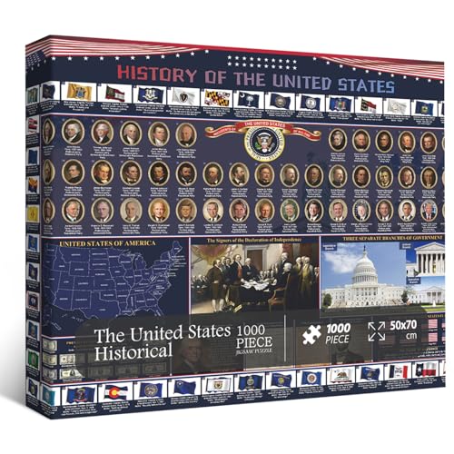 American History 2025 Puzzle 1000 Teile, Vereinigte Staaten Puzzles für Erwachsene mit USA-Karte, Präsidenten, Flagge, American President Puzzle als Geschichte Home Decor von PPuzzling