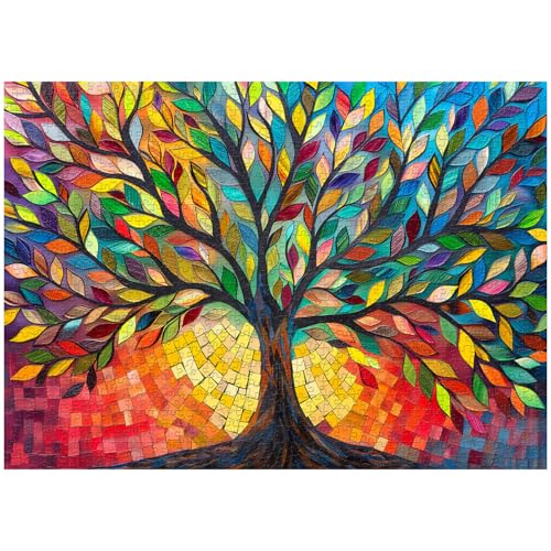 Buntglas-Puzzle, Baum des Lebens, für Erwachsene, 1000 Teile, unmöglich, herausfordernd, hartes Puzzle, buntes Mosaik, Baum des Lebens, Puzzle als Pflanzendekoration von PPuzzling