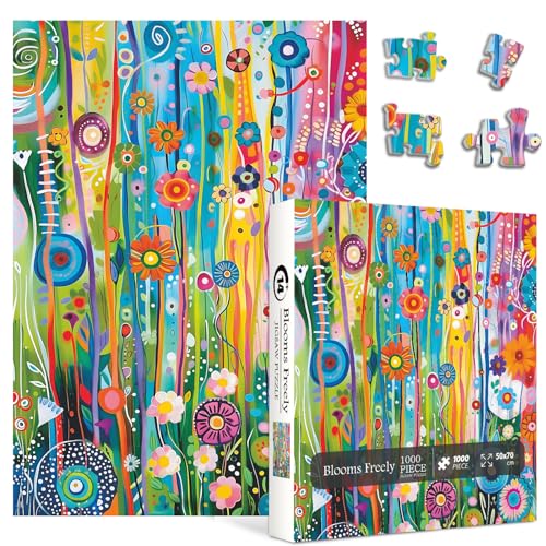 Farbenfrohes Blumengartenpuzzle für Erwachsene, 1000 Teile, Fantasie-Regenbogen-Blumen-Puzzles, schwieriges, herausforderndes Naturpuzzle als Heimdekoration, Blau von PPuzzling