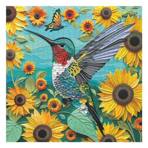 Kolibri-Puzzles für Erwachsene, 1000 Teile, Papierquilling, Frühlingsvogel, Sonnenblume, unmögliche Kunstpuzzle, hartes herausforderndes Vogelgarten-Puzzle als Heimwandkunst-Dekor von PPuzzling