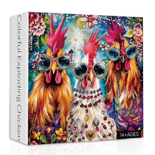 Lustige Hühner-Puzzles für Erwachsene, 1000 Teile, wunderschönes Hahn-Blumen-Puzzle, buntes Thanksgiving-Huhn-Puzzle als Heimdekoration von PPuzzling