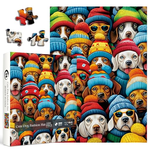 Lustige Hunde-Puzzles für Erwachsene, 1000 Teile, buntes Winterwelpen-Puzzle, Fantasie-Hut, Hund, Tierpuzzle als Heimdekoration von PPuzzling