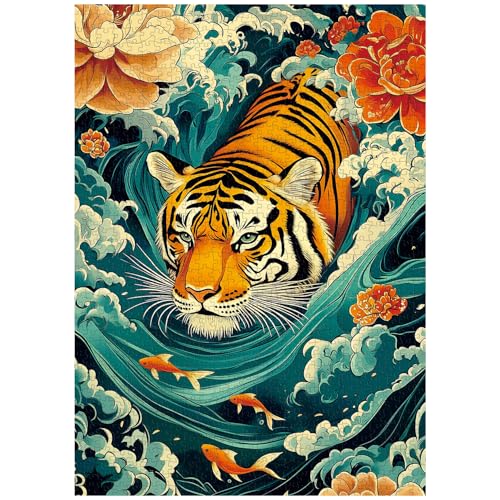 Might Tiger Puzzles für Erwachsene 1000 Teile, Vintage Tier Kunst Puzzle Features Tiger Crossing River Szene, Natur Wildlife Schwierige Puzzles, Herausfordernde Puzzles für Erwachsene von PPuzzling