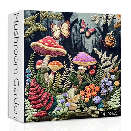 Pilzgarten Puzzles für Erwachsene 1000 Teile, Wald Pilz Schmetterling Puzzles, Blumen Natur Pflanze Stickerei Puzzle als Wohnkultur von PPuzzling