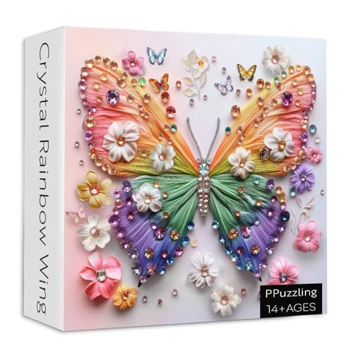 Regenbogen-Schmetterling-Puzzles für Erwachsene, 1000 Teile, schwierige, bunte Blumenschmetterlinge mit Kristalljuwelen, Kunst-Puzzle, Natur-Pflanze, herausfordernde Puzzles für Erwachsene als von PPuzzling