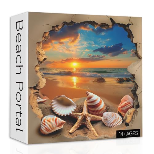 Strand Sonnenuntergang Puzzles für Erwachsene 1000 Teile, Ozean Seestern Muschel Jigsaw Puzzles, Vintage Strand Muscheln Puzzle als Wanddekoration von PPuzzling