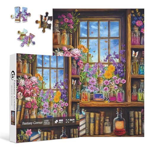 Vintage-Bücherregal-Puzzle für Erwachsene, 1000 Teile, Pflanzenblumentrank-Bücherpuzzle für Vintage-Sammelliebhaber, Retro-Bücherregal-Puzzle mit blühender Wildblume, farbiger Flasche und von PPuzzling