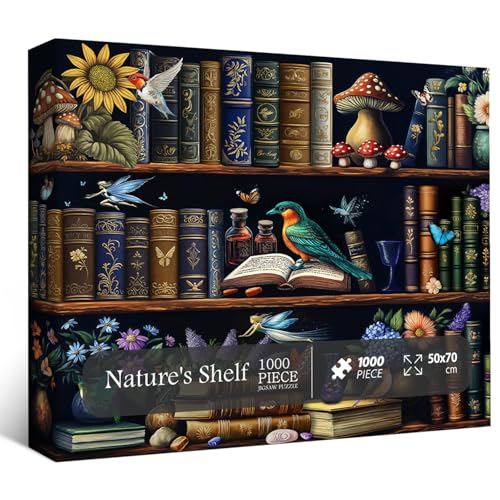 Vintage Bücherregal Puzzles für Erwachsene 1000 Teile, Retro Buch Blume Pilz Puzzles, Natur Bibliothek Bücherregal Floral Puzzle als Wohnkultur von PPuzzling