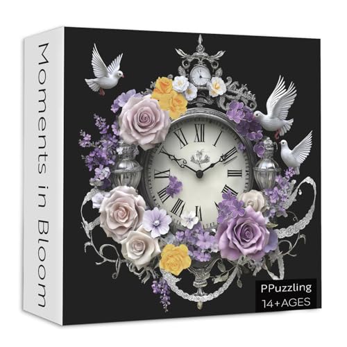 Vintage Uhr Blumenpuzzle für Erwachsene 1000 Teile, Natur Herausfordernde Pflanze Kunst Puzzle, Retro Uhr Einzigartiges Blumenpuzzle mit blühenden Rosen, Tauben Wandkunst für Wohnkultur von PPuzzling