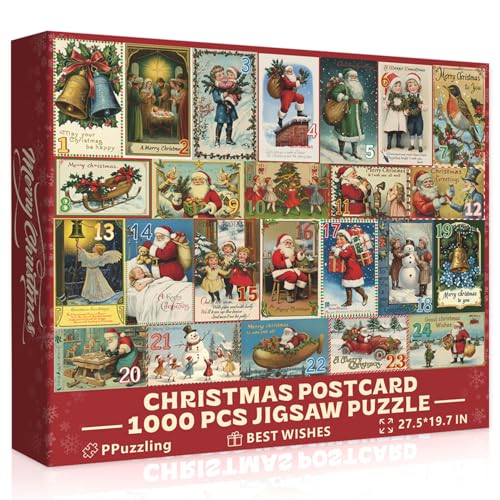 Vintage-Weihnachtspuzzles für Erwachsene, 1000 Teile, Weihnachtsferien-Puzzle mit 24 Weihnachtspostkarten, Puzzles, Winterurlaubspuzzles als Weihnachtsdekoration von PPuzzling