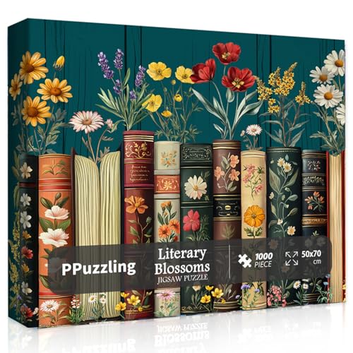 PPuzzling Vintage Wildflower Book Puzzles für Erwachsene, 1000 Teile, Blumen-Buchseiten Jigsaw Puzzle, Retro Bücherregal mit blühenden Wildblumen, Botanisches Literatur-Thema für Buchliebhaber von PPuzzling