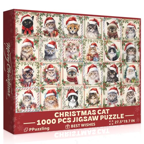 Weihnachtliche Katzenpuzzles für Erwachsene, 1000 Teile, lustiges Tier-Puzzle, unmöglich süßes Kätzchen-Puzzle als Wanddekoration für Zuhause von PPuzzling