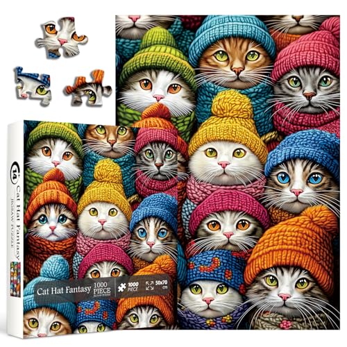 Winter Katze Puzzles für Erwachsene 1000 Teile Lustige Kätzchen Puzzles Fantasy Hut Kitty Tier Puzzle als Wohnkultur von PPuzzling