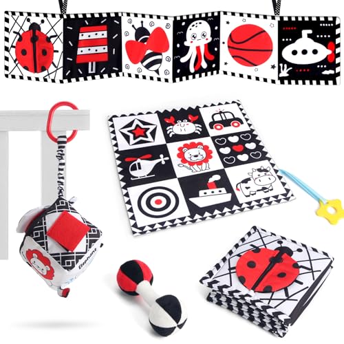 PQETBV Black & White Stoff-Buch, Schwarz Weiß Doppelseitig Baby Stoffbuch, Sensorik Spielzeug mit Spiegeln, Kinderwagen Kontrast Spielzeug Baby 0 3 6 Monate Geschenk für Babys von PQETBV