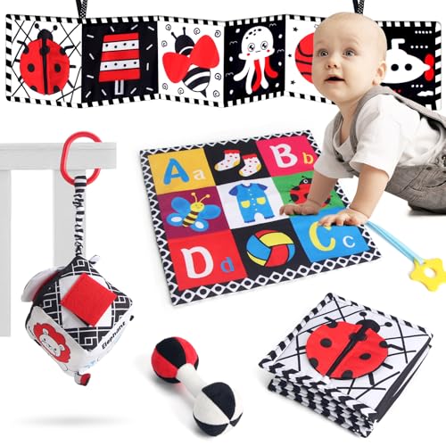 PQETBV Black & White Stoff-Buch, Schwarz Weiß Doppelseitig Baby Stoffbuch, Sensorik Spielzeug mit Spiegeln, Kinderwagen Kontrast Spielzeug Baby 0 3 6 Monate Geschenk für Babys von PQETBV