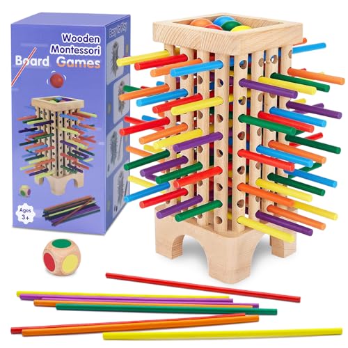 PQETBV Montessori Spiel Brettspiel aus Holz, 42 Stück Bunte Holzstäbchen Lernspielzeug, Familienspiel Bunte Holzstäbchen Würfelspiel, Kinderspiele Reisespiel ab 3 4 5 6 Jahren von PQETBV