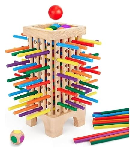 PQETBV Montessori Spiel Brettspiel aus Holz, 42 Stück Bunte Holzstäbchen Lernspielzeug, Familienspiel Bunte Holzstäbchen Würfelspiel, Kinderspiele Reisespiel ab 3 4 5 6 Jahren von PQETBV