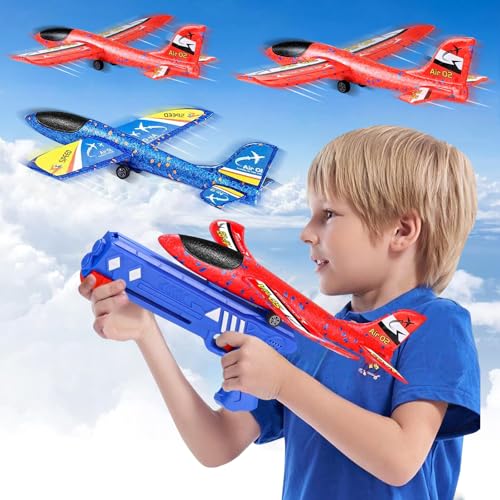 PQETBV Styroporflieger Katapult Pistole Kinderspielzeug, 4 Stücke Flugzeug Spielzeug, Kinder Outdoor Garten Spiele Kindergeburtstag Geschenke Jungen Mädchen für ab 3 4 5 6 7 8 9 10 Jahre von PQETBV