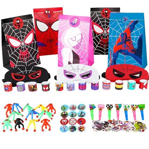 PQKL-party 122Pcs Mitgebsel Spider und Seine Freunde Superhelden Party Mitgebsel, Superhelden Geburtstagsdeko,Spider Sticker,Maske,Geschenktüten,Schnapparmband für Kindergeburtstag Gastgeschenke von PQKL-party