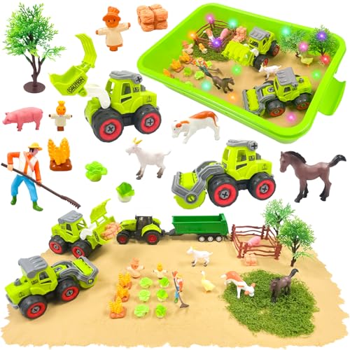 Bauernhof Kinetischer Sand Set, PQKL-Party Spielsand Sandspielzeug mit Toy Sand、Bauernhofspielzeugautos und Tierisches Spielzeug, Sensorisch Sandspielzeug für Alter 3 4 5 6 7+ Jahre Alt von PQKL-party