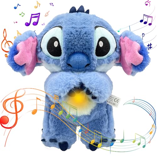 Blau St-tch Plüschtier mit Musik, atmendes Plüschtier 28 cm, blaues Plüschtier mit Musik, Spieluhr für Kinder mit Lichtern und Atembewegungsduonen, geeignet als Geschenk für Kinder (blau) von PQKL-party