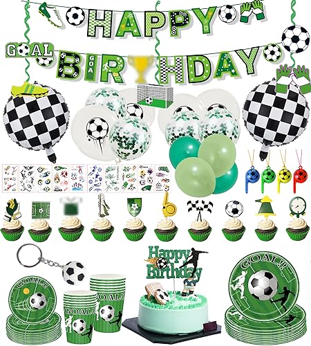 Fussball GeburtstagDeko Kinder, Fussball Geburtstag Deko, PQKL-party 99Pcs Fussball Partygeschirr Set, Tortendeko Fussball, Luftballons Party Supplie Teller Tasse, für Kindergeburtstag Junge von PQKL-party