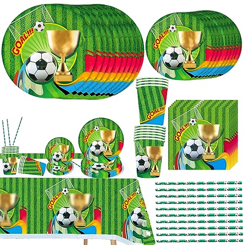 Fußball GeburtstagDeko, Fußball Partygeschirr Set, PQKL-party 61Pcs Fussball Geburtstagsdeko, Fussball Geburtstag Deko, Servietten Tischtuch Pappteller, Kindergeburtstag Fussball Party Deko von PQKL-party