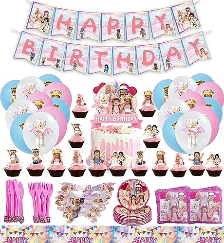 Geburtstagsdeko Roblox, 105Pcs Geburtstag Deko Roblox Party Deko Mädchen, PQKL-party Partygeschirr Luftballons Tortendeko Tischdecke Servietten Teller, Party Zubehör Rosa Kindergeburtstag von PQKL-party