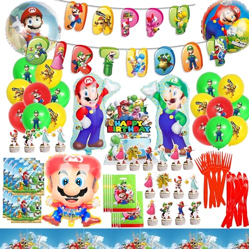 Mario Geburtstag Deko,100Pcs Mario Party Deko,Mario Deko,Mario Geburtstagsdeko,PQKL-party Geburtstagsdeko Mario Party Deko Geschirr Set Mario Luftballons Tortendeko Servietten Teller Kindergeburtstags von PQKL-party