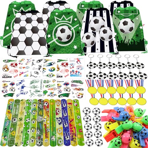 PQKL-party 84pcs Fussball Mitgebsel Jungen, Fußball Party Mitgebsel Kinde, Mitgebsel Fussball Geburtstag Junge, Mitgebsel Kindergeburtstag Fussball, Kordelzug Beutel Tattoo Medaillen Trillerpfeife von PQKL-party