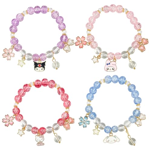 PQKL-party Kitty Armband,4pcs Sanrio Partner Armbänder,Sanrio Matching Bracelets,Cinnamoroll Kristall Armband,Kuromi Passende Armband, Freundschaftsarmband,Geschenk für best friends armband von PQKL-party