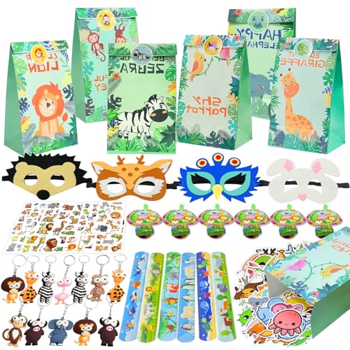 Tier-Partytütenfüller, Dschungel-Partytütenfüller-Set, 140 Stück,Partytüten, Bulk Spielzeug, Schlüsselanhänger, Armband, Wildtiermaske, temporäre Tattoo-Aufkleber usw. vorgefüllte Partytüten von PQKL-party