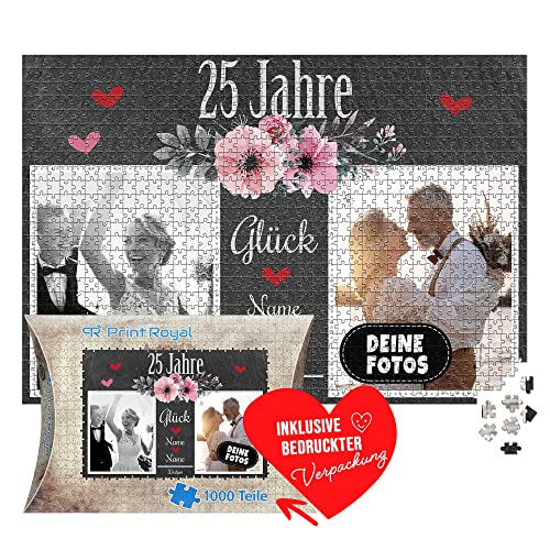 Foto-Puzzle selbst gestalten - 25 Jahre Glück - mit Namen, Datum und 2 Fotos personalisierbar, Geschenk zur Silberhochzeit | personalisiertes Geschenk, 1000 Teile, inkl. Kartonverpackung von PR Print Royal