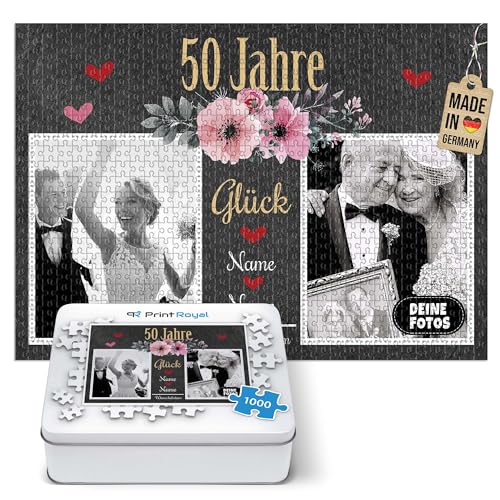 Foto-Puzzle selbst gestalten - 50 Jahre Glück - mit Namen, Datum und 2 Fotos personalisierbar, Geschenk zur goldenen Hochzeit | personalisiertes Geschenk, 1000 Teile, inkl. Metalldose von PR Print Royal