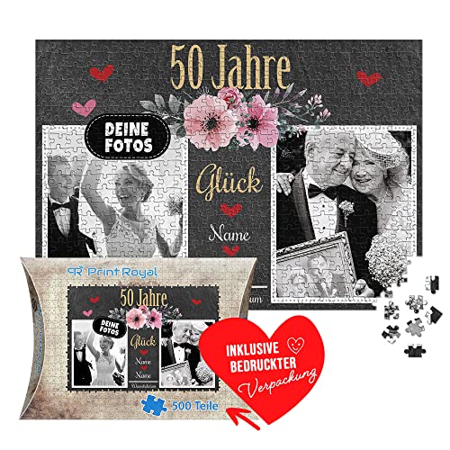 Foto-Puzzle selbst gestalten - 50 Jahre Glück - mit Namen, Datum und 2 Fotos personalisierbar, Geschenk zur goldenen Hochzeit | personalisiertes Geschenk, 500 Teile, inkl. Kartonverpackung von PR Print Royal