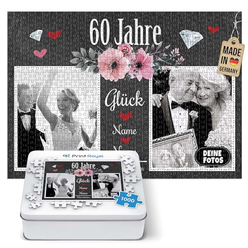 Foto-Puzzle selbst gestalten - 60 Jahre Glück - mit Namen, Datum und 2 Fotos personalisierbar, Geschenk zur diamantenen Hochzeit | personalisiertes Geschenk, 1000 Teile, inkl. Metalldose von PR Print Royal