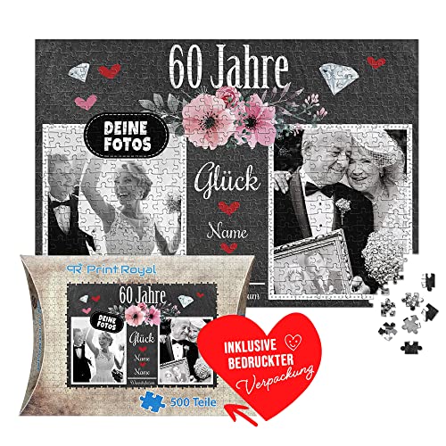 Foto-Puzzle selbst gestalten - 60 Jahre Glück - mit Namen, Datum und 2 Fotos personalisierbar, Geschenk zur diamantenen Hochzeit | personalisiertes Geschenk, 500 Teile, inkl. Kartonverpackung von PR Print Royal