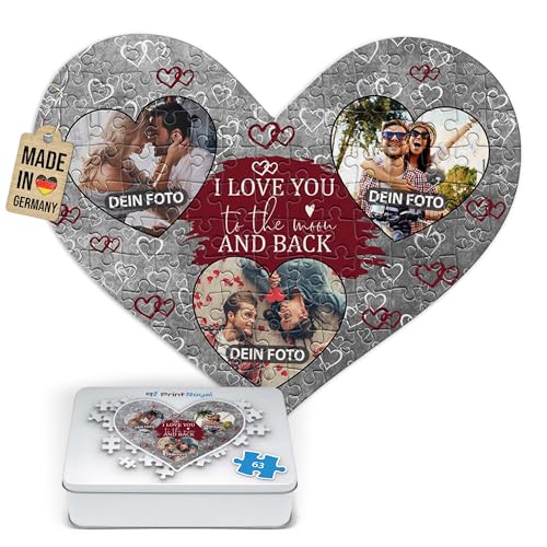 Foto-Puzzle selbst gestalten - I Love You - mit 3 Fotos Bedrucken - Herz-Puzzle Personalisieren - Geschenk zu Valentinstag, Jahrestag - 63 Teile inkl. Metalldose von PR Print Royal