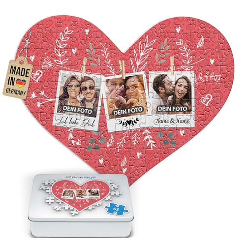 Foto-Puzzle selbst gestalten - Ich Liebe Dich - mit 3 Fotos & Namen Bedrucken - Herz-Puzzle Personalisieren - Geschenk zu Valentinstag, Jahrestag - 63 Teile inkl. Metalldose von PR Print Royal