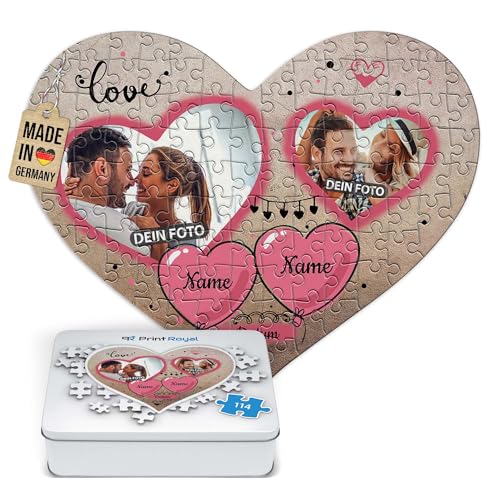 Foto-Puzzle selbst gestalten - Love - mit 2 Fotos, Namen & Datum Bedrucken - Herz-Puzzle Personalisieren - Geschenk zu Valentinstag, Jahrestag - 114 Teile inkl. Metalldose von PR Print Royal