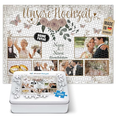 Foto-Puzzle selbst gestalten - Unsere Hochzeit - mit Namen, Datum und 6 Fotos personalisierbar, Hochzeitsgeschenke | personalisiertes Geschenk, 2000 Teile, inkl. Metalldose von PR Print Royal