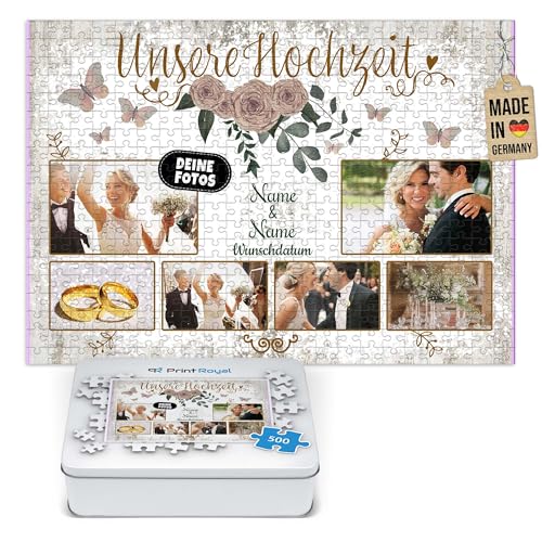 Foto-Puzzle selbst gestalten - Unsere Hochzeit - mit Namen, Datum und 6 Fotos personalisierbar, Hochzeitsgeschenke | personalisiertes Geschenk, 500 Teile, inkl. Metalldose von PR Print Royal