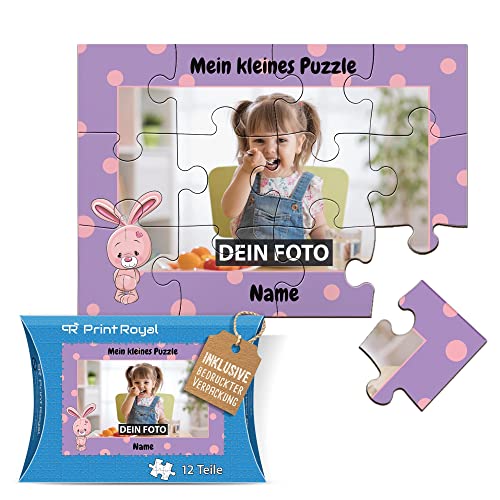 Fotopuzzle aus Holz für Kinder mit Name und Foto Puzzle selbst gestalten - Mein kleines Puzzle mit Hase, Kinderpuzzle | 25 x 17,5 cm, 12 Teile in Kartonverpackung von PR Print Royal