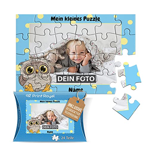 Fotopuzzle für Kinder mit Name und Foto Puzzle selbst gestalten - Mein kleines Puzzle mit Eule, Kinderpuzzle | 16,5 x 11 cm, 24 Teile in Kartonverpackung von PR Print Royal