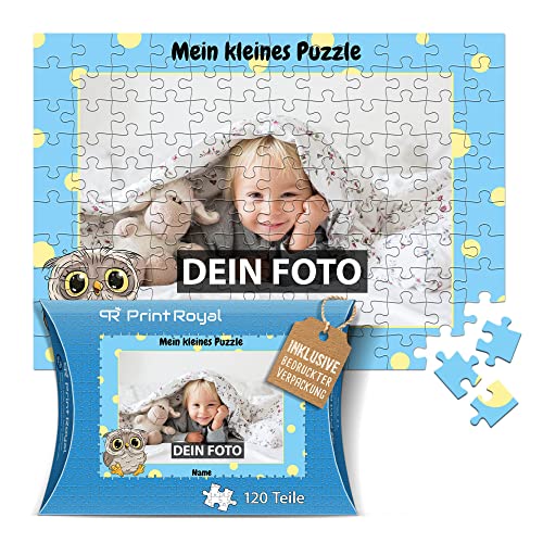 Fotopuzzle für Kinder mit Name und Foto Puzzle selbst gestalten - Mein kleines Puzzle mit Eule, Kinderpuzzle | 40 x 28,5 cm, 120 Teile in Kartonverpackung von PR Print Royal