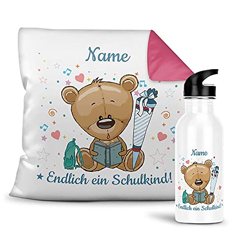 Geschenk-Set aus Trinkflasche und Kissen - Endlich ein Schulkind - Zur Einschulung für Jungs - mit Wunschname personalisieren - Einschulungsgeschenk - Kissen Rückseite Pink - Trinkflasche weiß, 600 ml von PR Print Royal