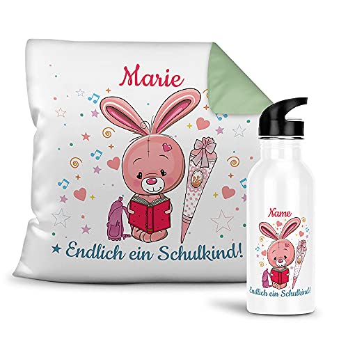 Geschenk-Set aus Trinkflasche und Kissen - Endlich ein Schulkind - Zur Einschulung für Mädchen - mit Wunschname personalisieren - Einschulungsgeschenk - Kissen Rückseite Grün - Flasche weiß, 600 ml von PR Print Royal