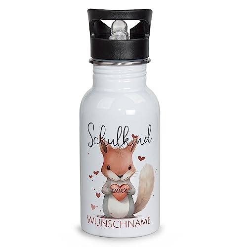 PR Print Royal Edelstahl Trinkflasche zur Einschulung selbst gestalten - Schulkind mit Name und Jahr personalisiert - Trinkflasche Eichhörnchen, personalisierte Geschenke zur Einschulung | 500 ml Weiß von PR Print Royal