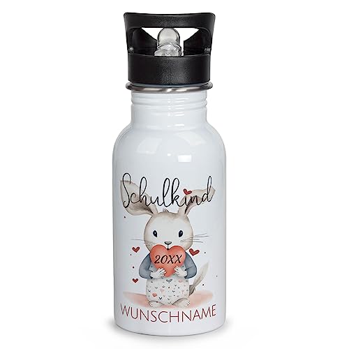 PR Print Royal Edelstahl Trinkflasche zur Einschulung selbst gestalten - Schulkind mit Name und Jahr personalisiert - Trinkflasche Hase, personalisierte Geschenke zur Einschulung | 500 ml, Weiß von PR Print Royal