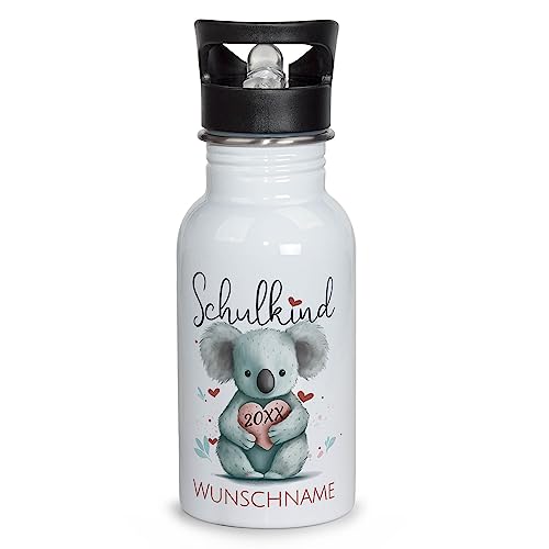 PR Print Royal Edelstahl Trinkflasche zur Einschulung selbst gestalten - Schulkind mit Name und Jahr personalisiert - Trinkflasche Koala, personalisierte Geschenke zur Einschulung | 500 ml, Weiß von PR Print Royal